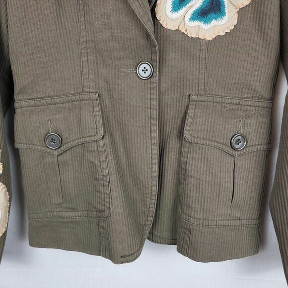 Aziz Womens Olive Cotton Embroidered‎ Flap Pockets One Button Blazer Jacket Sz L - Picture 4 of 12